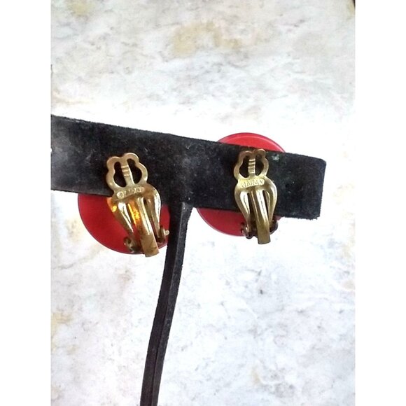 Vintage Japan Red Circle Clip On Earrings Estate Jewelry - Picture 6 of 6